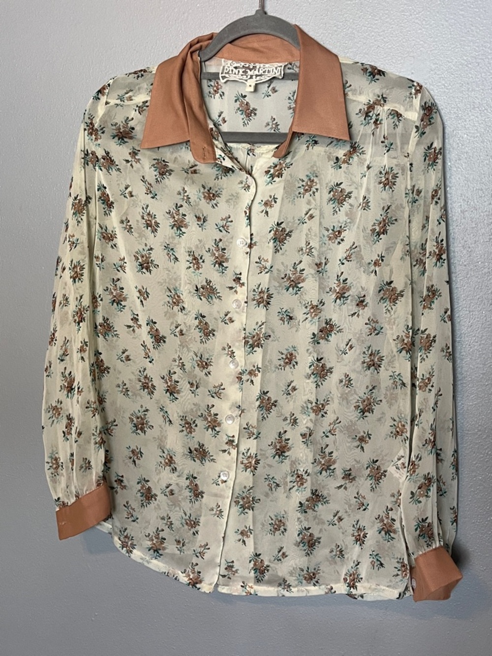 Vintage-Inspired Cream Sheer Floral Button-Up Shirt with Tan Trim
